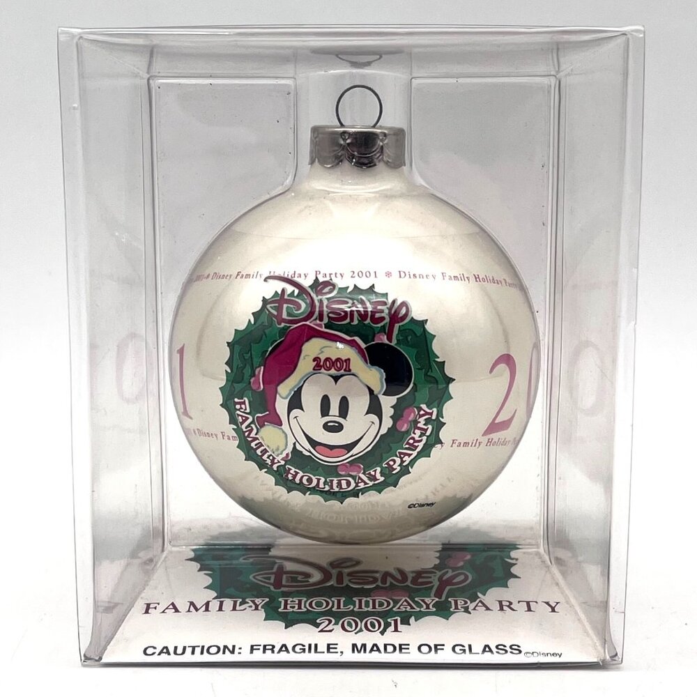 Disney Family Holiday Party 2001 Glass Christmas Ornament Mickey Mouse Wreath